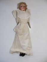 A wax head girl doll, with stitched fabric body & kid hands, 15.5" - a/f.