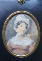 William Hunt (1790-1864) - oval watercolour miniature - Head & shoulders portrait of a lady in white