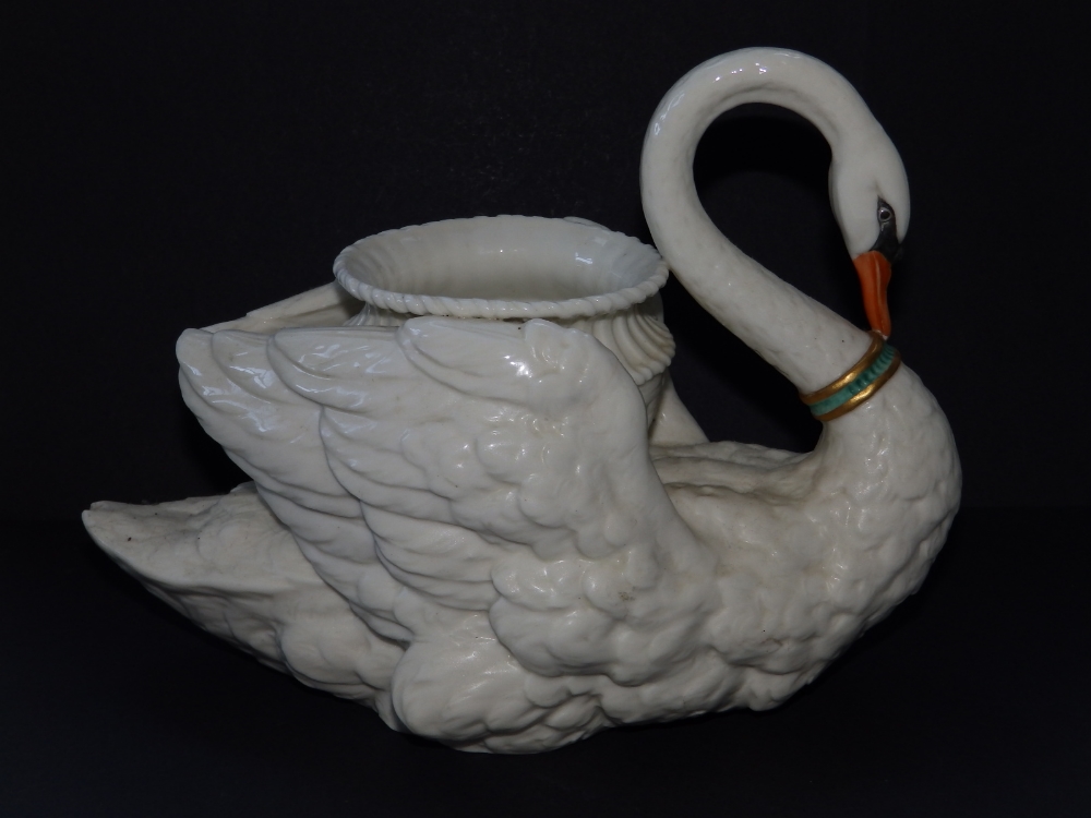 A Royal Worcester white glazed swan centrepiece with turquoise collar, impressed marks, 10" across - - Image 2 of 5