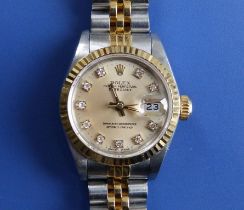 A lady's stainless steel & gold Rolex Oyster Perpetual Datejust bracelet wrist watch with diamond