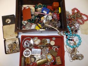 A Victorian box & contents costume jewellery and other items.