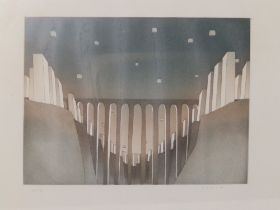 Folon - limited edition signed colour print - Stylised viaduct scene, 12/90, 8.5" x 11.5".