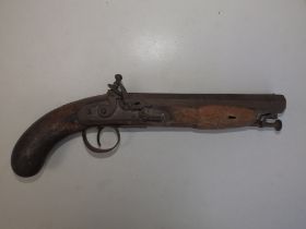 A 19thC Mortimer flintlock pistol with octagonal barrel, checquered grip, captive ramrod, engraved