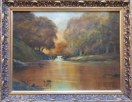 Peter Cosslett - oil on board - River scene, signed, 11.5" x 15.5".