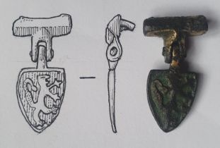 A medieval horse pendant depicting probable arms of the Earls of Arundel, 1.5".