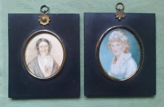 A 19thC oval watercolour miniature portrait of Anne Marie Courtenay, c.1845 and another on ivory,