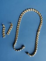 A 9ct gold necklace, 14" and a pair of matching drop earrings - London import marks. (3)