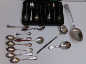 A cased set of six Walker & Hall silver coffee spoons with tongs, a William IV silver caddy