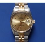 A boxed gent's stainless steel & gold Rolex Oyster Perpetual Datejust wrist watch with gold dial &