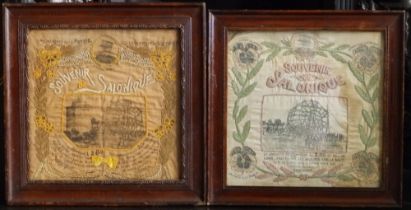 Two French WWI black printed linen panels with embroidered embellishments -' Souvenirs De Salonique'