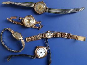 A lady's gold bracelet wrist watch and four others. (5)