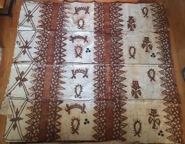 A large Fijian Tapa cloth with painted motifs, 87" x 77".