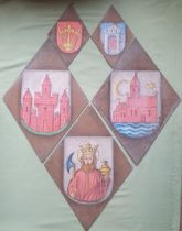 Five painted wood panels bearing heraldic designs, the largest 23".