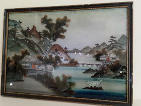 A Chinese reverse painting on glass - Landscape with hills and water.