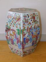 A Cantonese porcelain garden seat, 18" high - repaired.