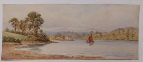 F. Searle - watercolour - Looking up the River Teign towards Coombe Cellars, 5" x 12.5" - unframed.