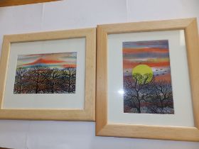 Gordon Barker (born 1960) - mixed media on paper - two small studies of winter trees at sunset,