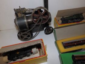 A model steam traction engine, Hornby Dublo BR City of London loco and tender, Triang TT gauge