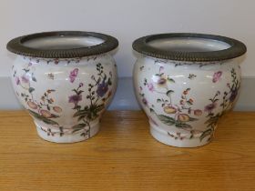 A pair of Chinese porcelain jardinieres of swelling form, painted with flowering plants and insects,