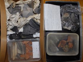 A collection of Roman and Mediaeval pottery shards, mainly Roman from Wentloog site collected 2005-
