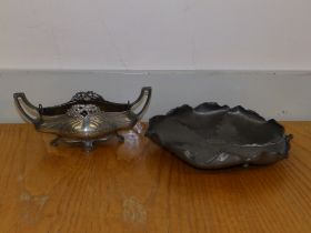 A small art nouveau pewter two-handled centrepiece with metal liner - restored to rim, together with