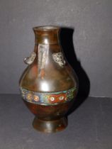 A small Chinese bronze vase decorated with a band of enamelled decoration in archaic style, 5.75"