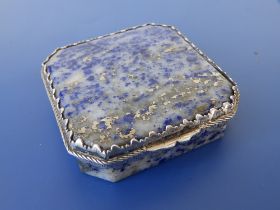 A silver mounted square stone box with mottled blue & silver finish (break to lid) - London import