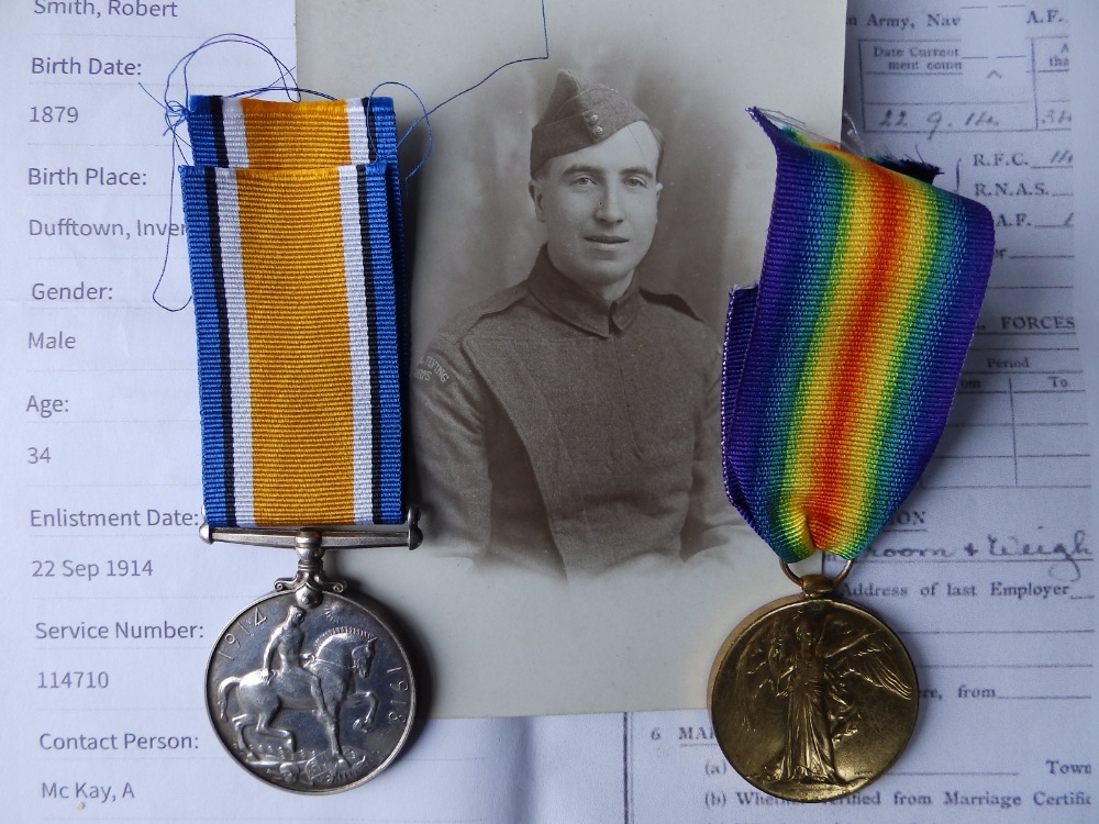A WWI RAF medal pair, War & Victory Medals awarded to 114710 Pte 1 R. Smith, also served in RFC,