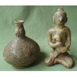 An antique Thai celadon Buddha figure, 4.5" high and a decorated container. (2)