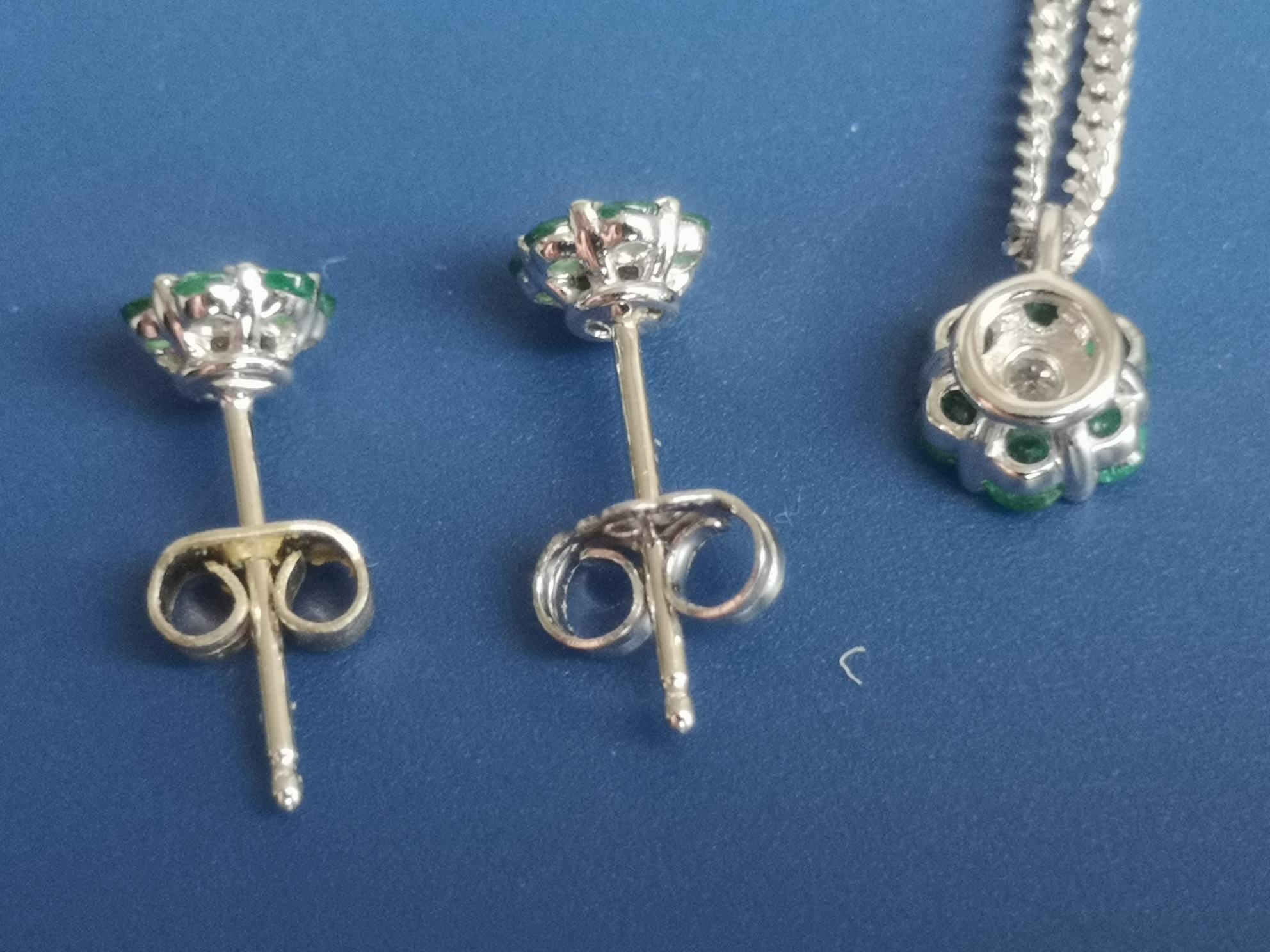 A small emerald & diamond 9ct white gold cluster pendant on chain and a matching pair of - Image 3 of 4