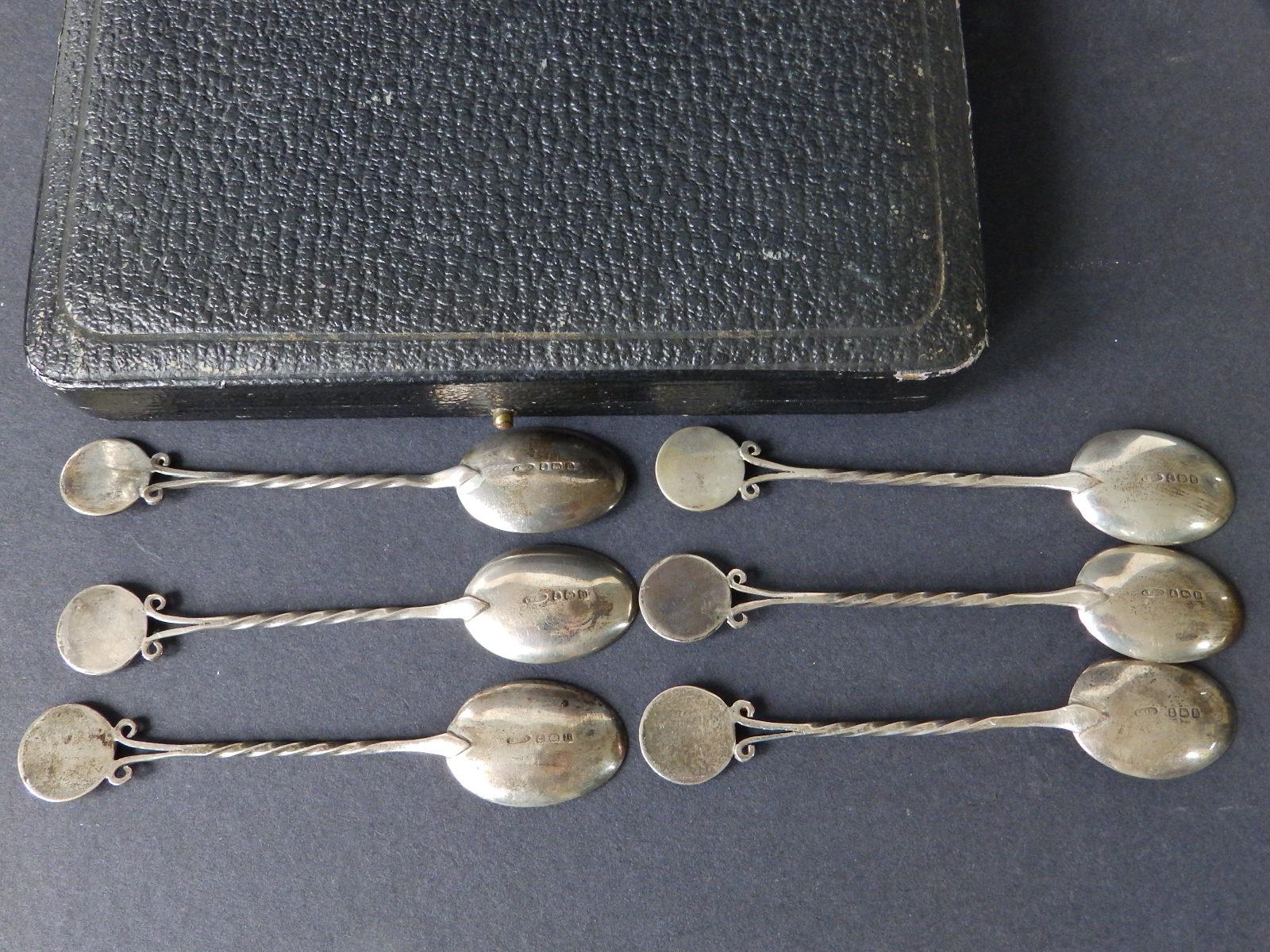 A cased set of six silver teaspoons, the handles inset with a colour printed cabochon portrait of - Image 4 of 5