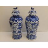 A pair of Chinese blue & white porcelain covered vases, lion finials to lids, the baluster bodies