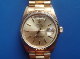 A boxed 1970's gent's 18ct gold Rolex Oyster Day/Date wrist watch on President bracelet with gold