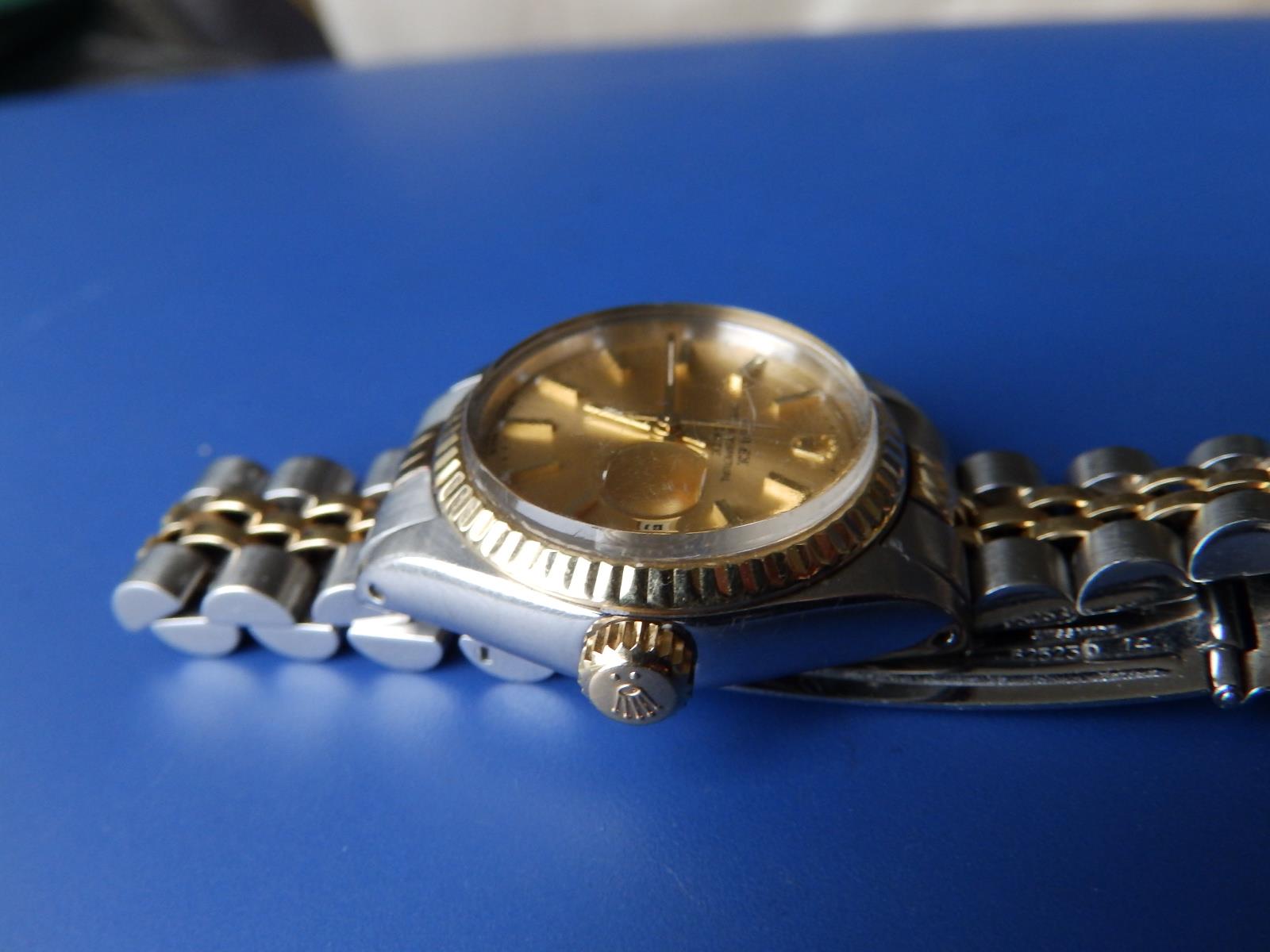 A ladies stainless steel and gold Rolex Oyster Perpetual Date bracelet wrist watch with gold dial, - Image 6 of 7