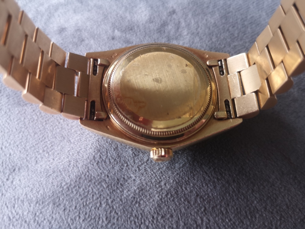 A boxed 1970's gent's 18ct gold Rolex Oyster Day/Date wrist watch on President bracelet with gold - Bild 6 aus 10