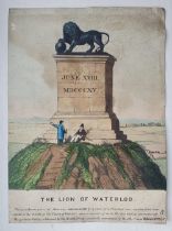 A hand drawn (?) watercolour illustration commemorating the Battle of Waterloo, with fold-out flap