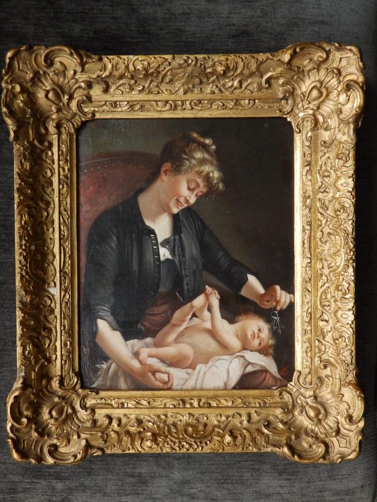 Carl Enhuber (German 1811-1867) - oil on panel - A mother amusing her infant child with a bunch of - Bild 2 aus 3