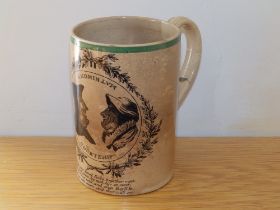 An early 19thC black printed creamware 'Matrimony and Courtship' mug, decorated with polymorphic
