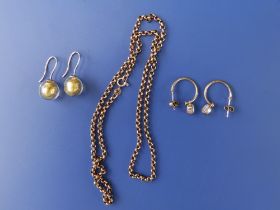 A 19" 9ct gold belcher necklace, a pair of 9ct hoop earrings with moonstone drops and a silver-