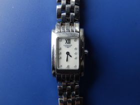 A ladies stainless steel Longines Dolce Vita bracelet wrist watch with rectangular mother-of-pearl