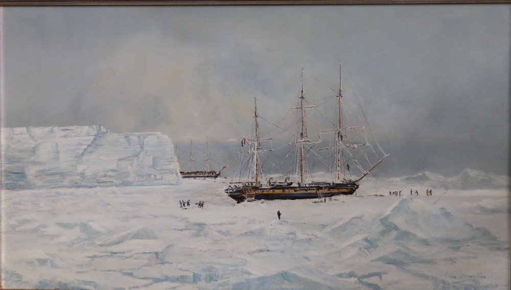 John Hamilton (1919-1993) - oil on panel - Two ice-bound French Antarctic Expeditionary sailing