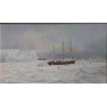 John Hamilton (1919-1993) - oil on panel - Two ice-bound French Antarctic Expeditionary sailing