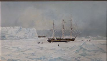 John Hamilton (1919-1993) - oil on panel - Two ice-bound French Antarctic Expeditionary sailing