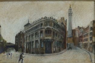 Walton - pastel - Street scene with figure and monument, signed, 15" x 23"