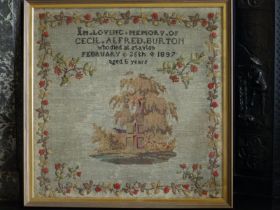 A large Victorian woolwork 'sampler' - 'In loving memory of Cecil Alfred Burton who died at