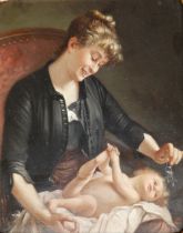 Carl Enhuber (German 1811-1867) - oil on panel - A mother amusing her infant child with a bunch of