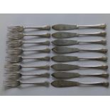 A 16 piece modern silver bead-edged fish cutlery set retailed by Harrods, comprising eight