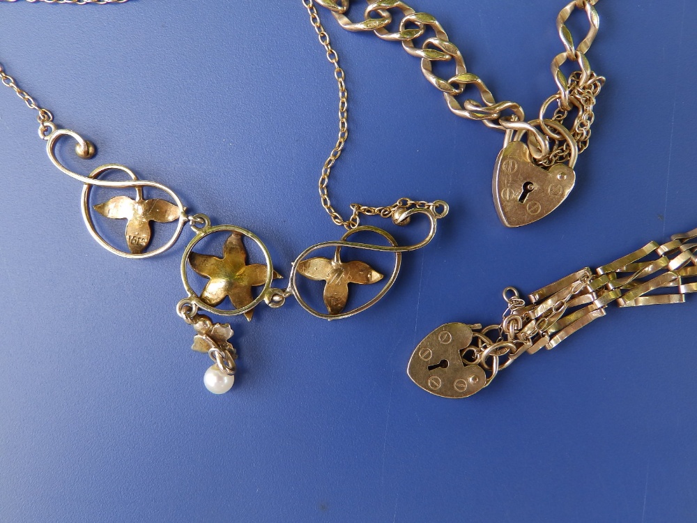 A pearl set '10k' necklace and two 9ct gold bracelets. (3) - Image 3 of 3