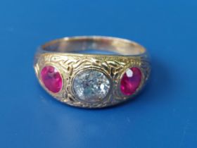A Victorian diamond & red stone 18ct gold band ring, the setting engraved with a Celtic knot