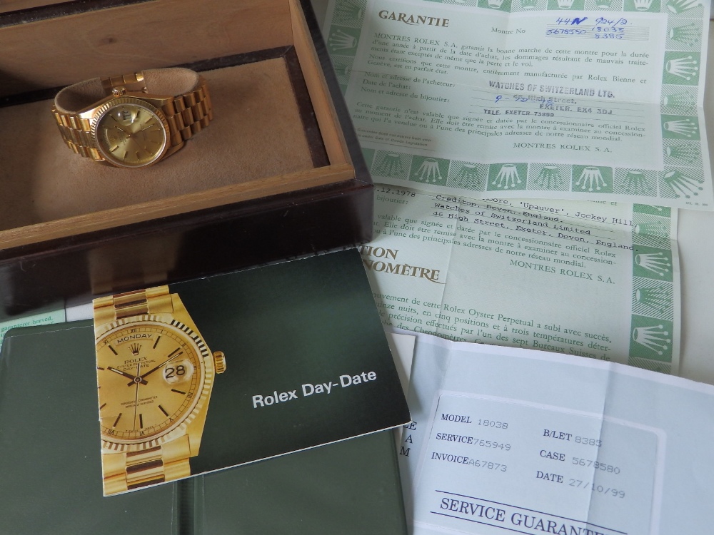 A boxed 1970's gent's 18ct gold Rolex Oyster Day/Date wrist watch on President bracelet with gold - Image 9 of 10